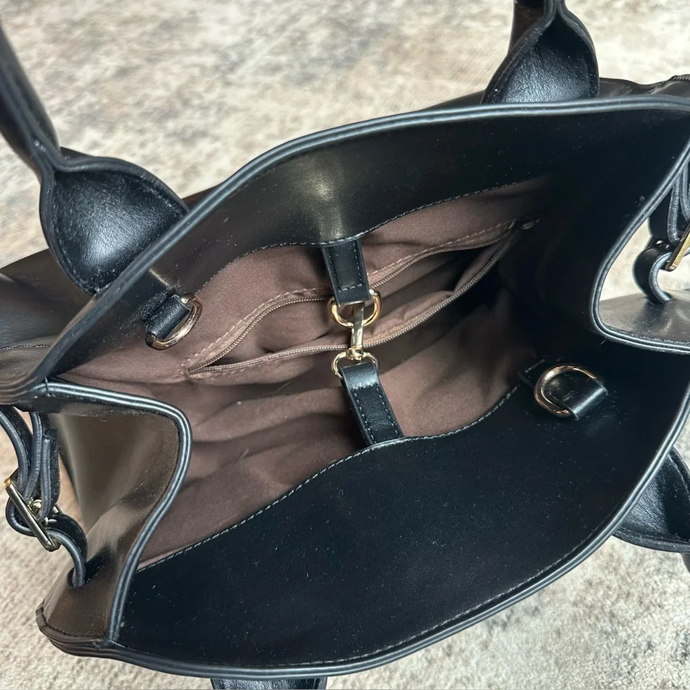 Black Structured Top Handle Tote Bag Crossbody Minimal Quiet‎ Luxury Style EUC